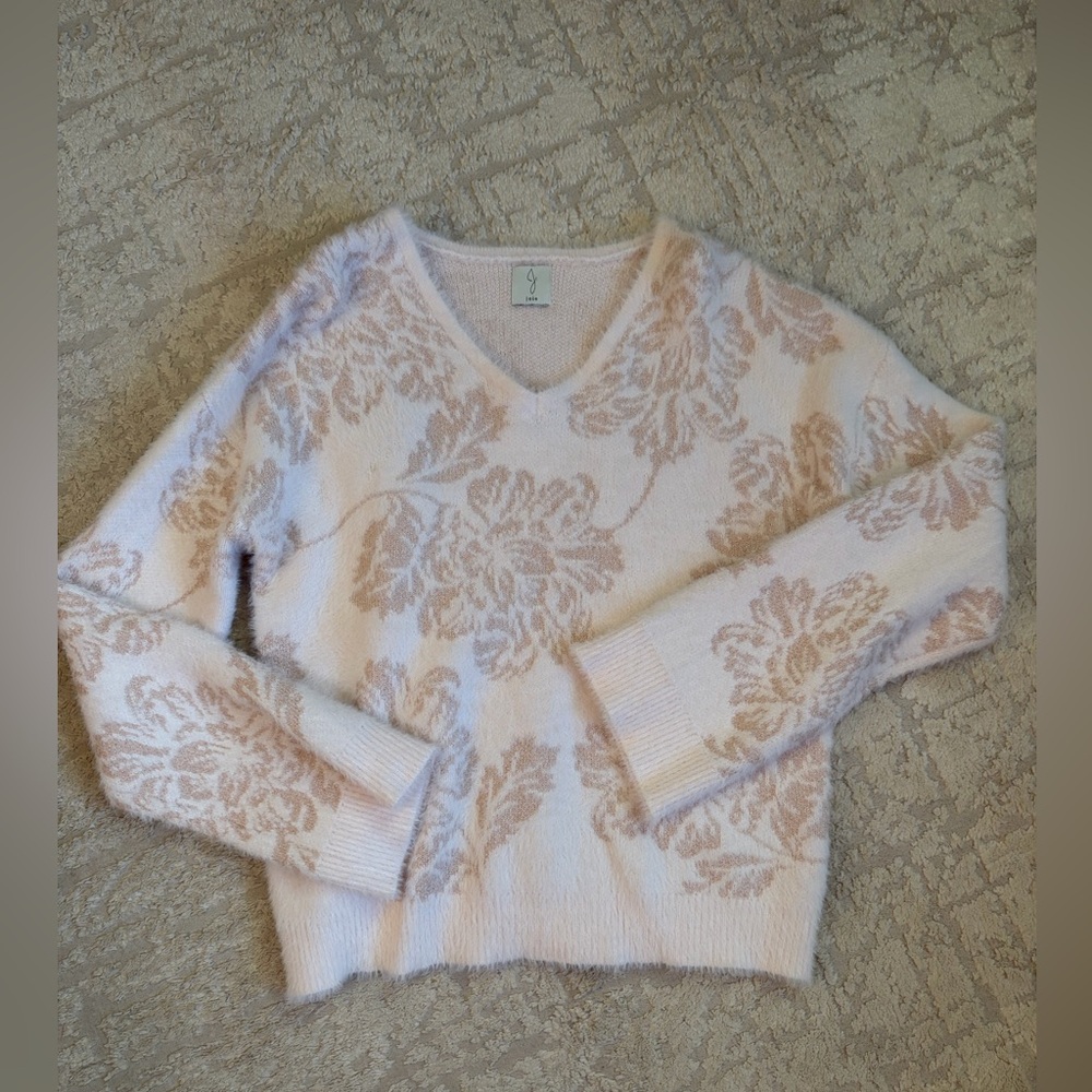Joie Cream and Tan Floral V-Neck Sweater